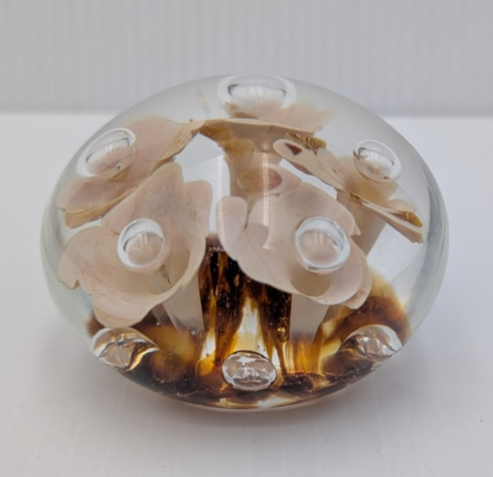 Vintage Joe Rice Art Glass Paperweight - Trumpet Flower Controlled Bubbles